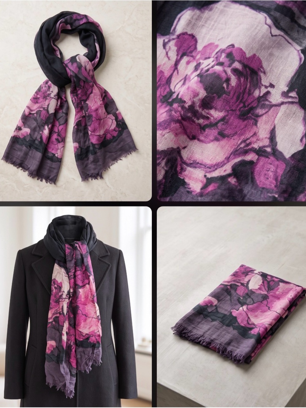 Banana Republic - Silk & Wool Black, Pink & Purple Floral Lightweight Scarf Chic